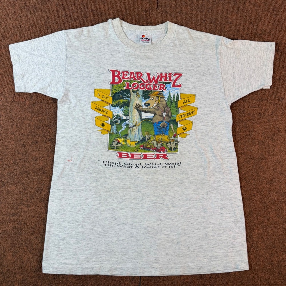 Vintage Signal Bear Whiz Logger Beer Graphic T-Shirt Gray Mens Small Novelty 90s